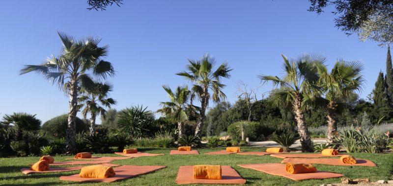 Abgeschiedener Meditationsbereich im Garten der Finca Can Ferragut mit weichen Decken, umgeben von der Stille der Natur und der Palmen